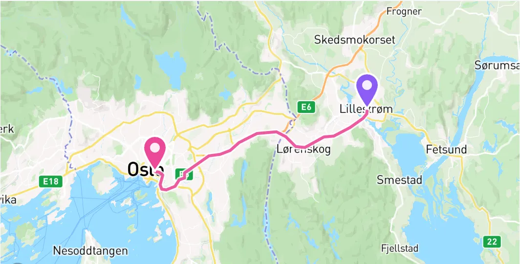 Kart med kjørerute fra Oslo til Lillestrøm