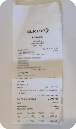 Receipt from Elkjøp for NOK 3,999, sent as a photo